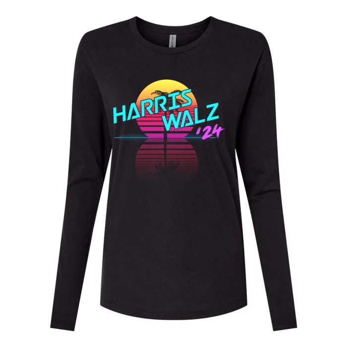 Harris Walz 24 Synthwave Outrun 80s 90s Retro Coconut Tree Gift Womens Cotton Relaxed Long Sleeve T-Shirt