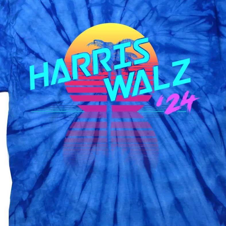 Harris Walz 24 Synthwave Outrun 80s 90s Retro Coconut Tree Gift Tie-Dye T-Shirt