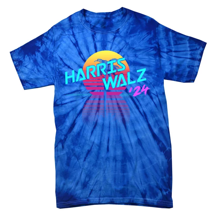 Harris Walz 24 Synthwave Outrun 80s 90s Retro Coconut Tree Gift Tie-Dye T-Shirt