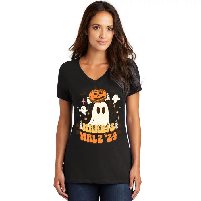 Harris Walz 2024 President Halloween Ghost Spooky Women's V-Neck T-Shirt