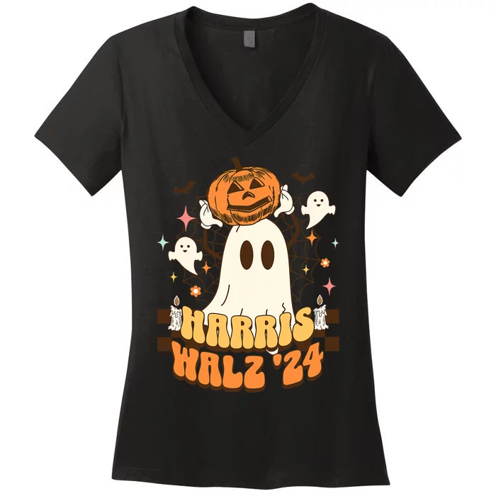 Harris Walz 2024 President Halloween Ghost Spooky Women's V-Neck T-Shirt