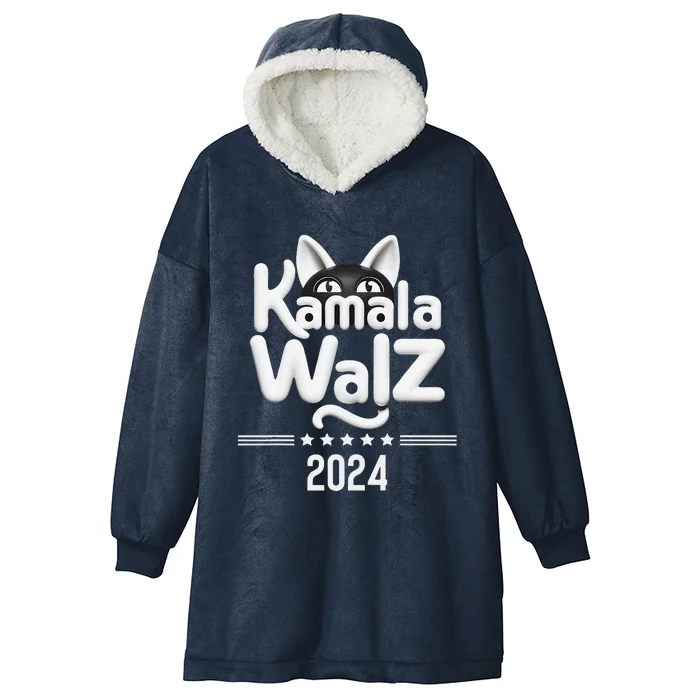 Harris Walz 2024 Funny Cat Election Kamala Harris Tim Waltz Hooded Wearable Blanket