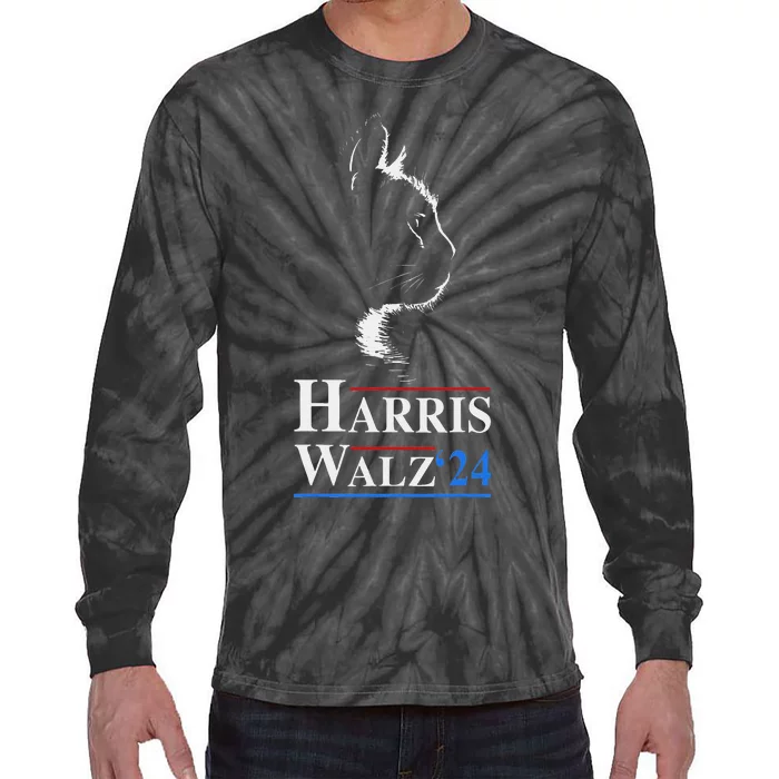 Harris Waltz 2024 Election Funny Cat Kamala Harris Tim Walz Tie-Dye Long Sleeve Shirt