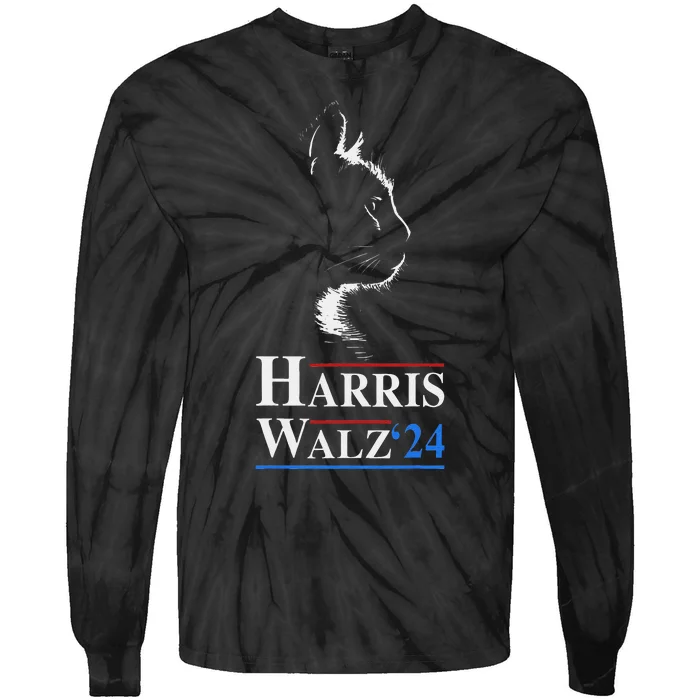 Harris Waltz 2024 Election Funny Cat Kamala Harris Tim Walz Tie-Dye Long Sleeve Shirt