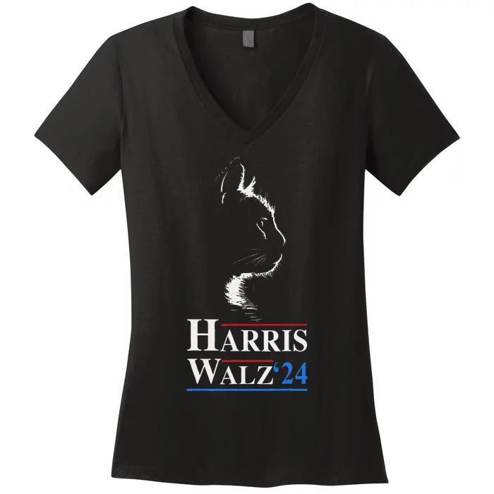 Harris Waltz 2024 Election Funny Cat Kamala Harris Tim Walz Women's V-Neck T-Shirt