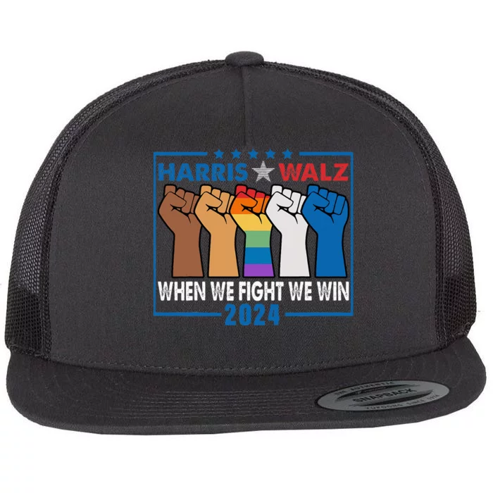 Harris Walz 2024 When We Fight We Win Retro Vintage Flat Bill Trucker Hat