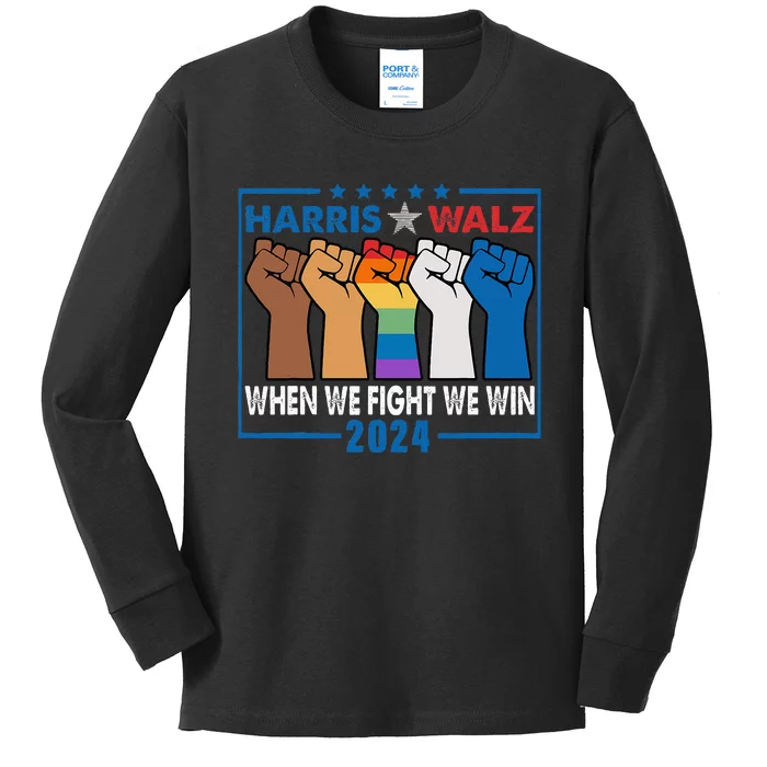 Harris Walz 2024 When We Fight We Win Retro Vintage Kids Long Sleeve Shirt