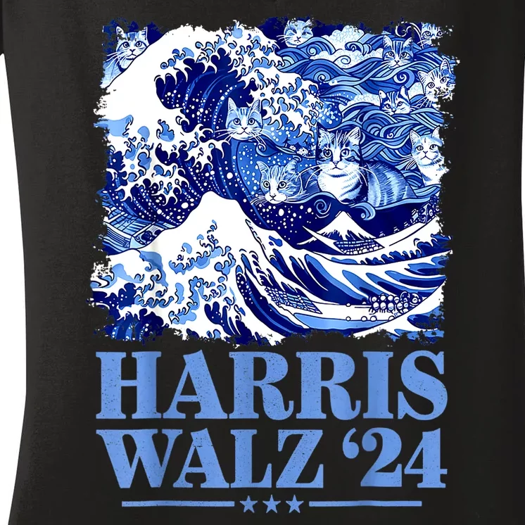 Harris Waltz 2024 Cute Wave Of Blue Cats Gift Women's V-Neck T-Shirt