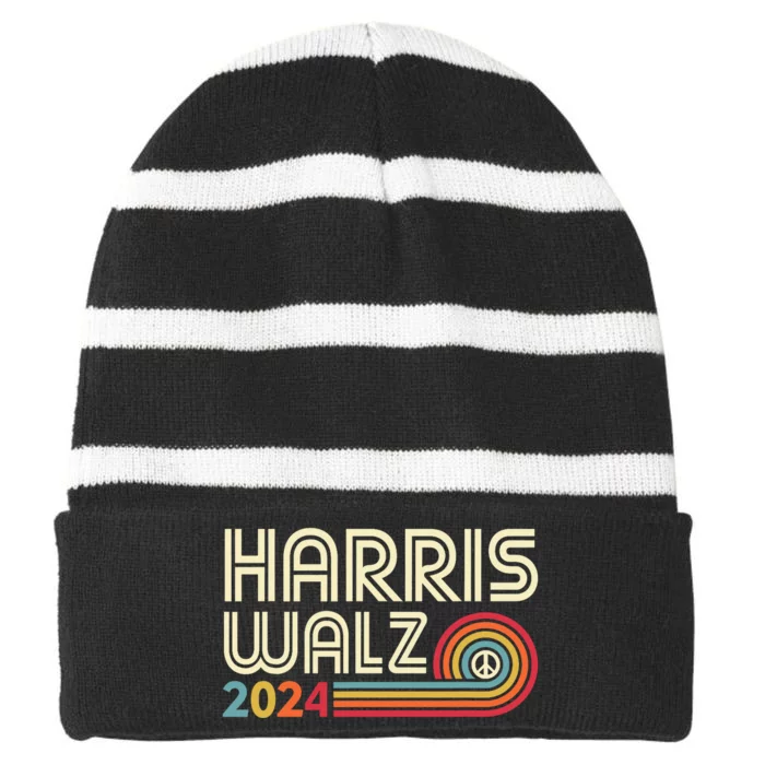 Harris Walz 2024 Fun Retro Style Peace Striped Beanie with Solid Band