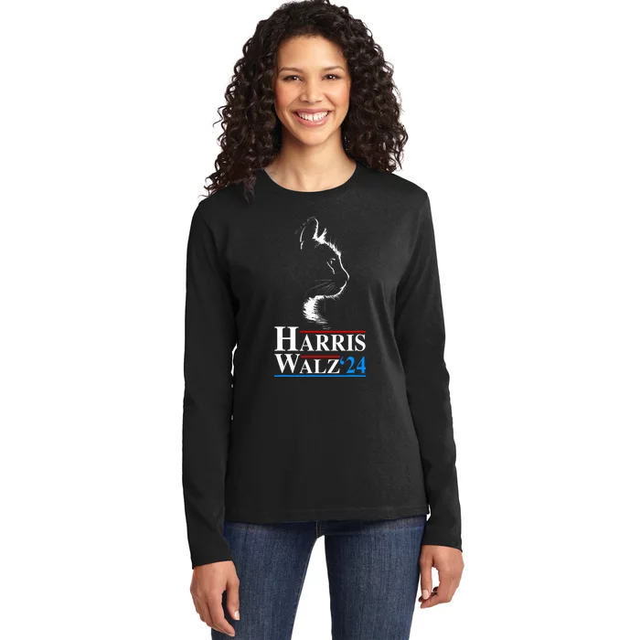 Harris Waltz 2024 Election Funny Cat Kamala Harris Tim Walz Ladies Long Sleeve Shirt