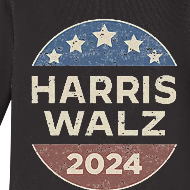 Harris Walz 2024 Waltz Retro Button Election Pocket Baby Long Sleeve Bodysuit