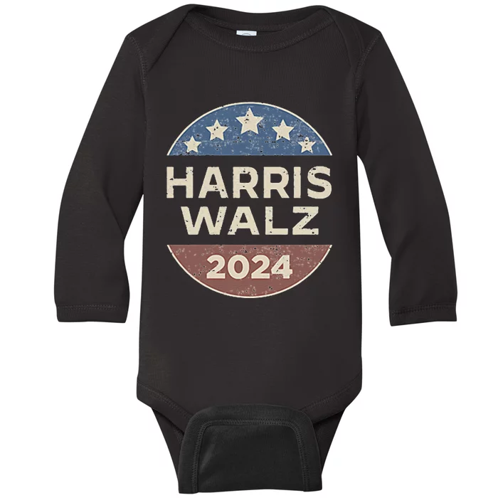 Harris Walz 2024 Waltz Retro Button Election Pocket Baby Long Sleeve Bodysuit