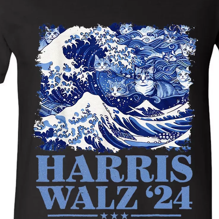 Harris Waltz 2024 Cute Wave Of Blue Cats For Kamala Harris Gift V-Neck T-Shirt