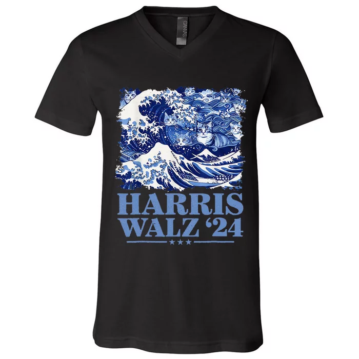 Harris Waltz 2024 Cute Wave Of Blue Cats For Kamala Harris Gift V-Neck T-Shirt