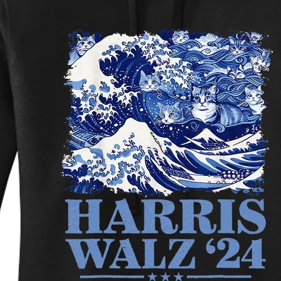 Harris Waltz 2024 Cute Wave Of Blue Cats For Kamala Harris Gift Women's Pullover Hoodie