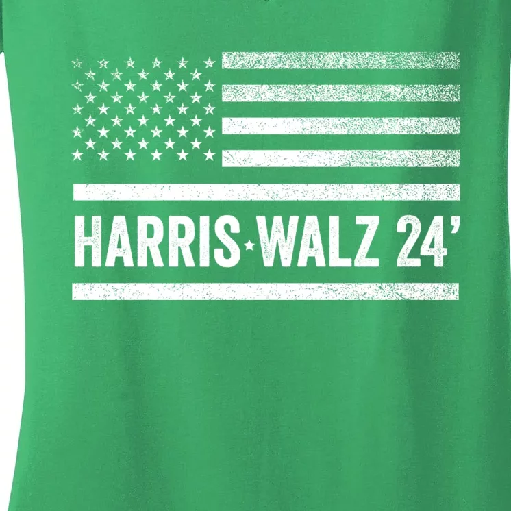 Harris Walz 2024 Election Kamala Tim Waltz American Flag Women's V-Neck T-Shirt