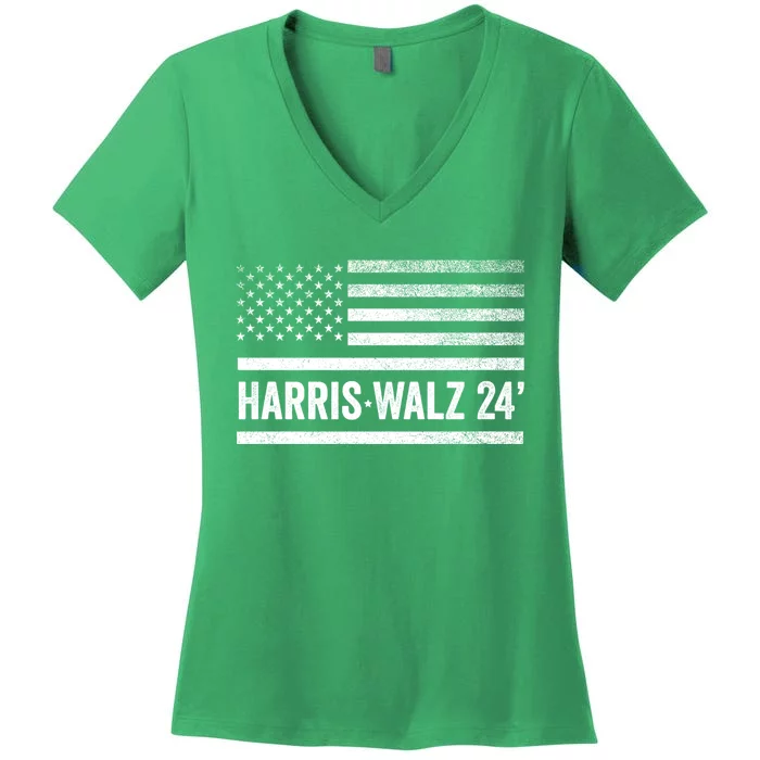 Harris Walz 2024 Election Kamala Tim Waltz American Flag Women's V-Neck T-Shirt