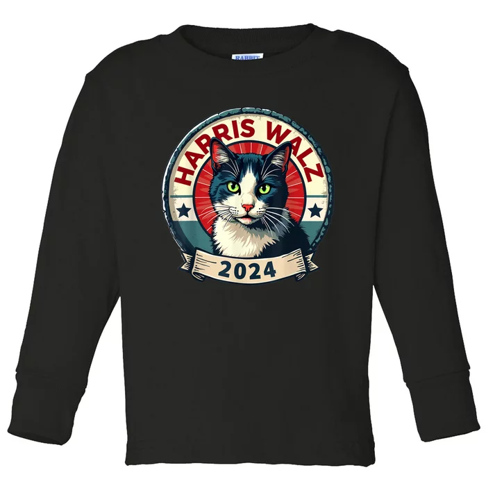 Harris Walz 2024 Funny Cat Election Kamala Harris Tim Waltz Toddler Long Sleeve Shirt