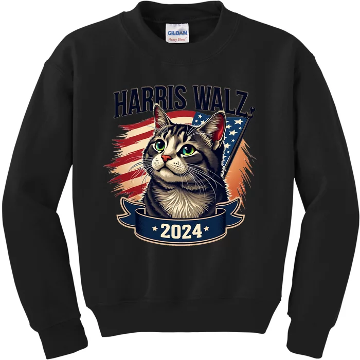 Harris Walz 2024 Funny Cat Kamala Harris Tim Walz Waltz Kids Sweatshirt