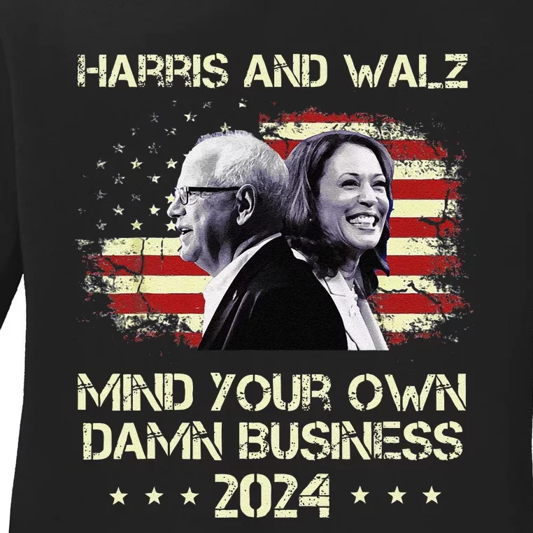 Harris & Walz 2024 American Flag Mind Your Own Damn Business Ladies Long Sleeve Shirt