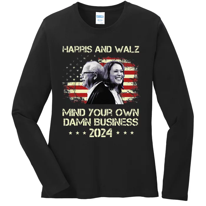 Harris & Walz 2024 American Flag Mind Your Own Damn Business Ladies Long Sleeve Shirt