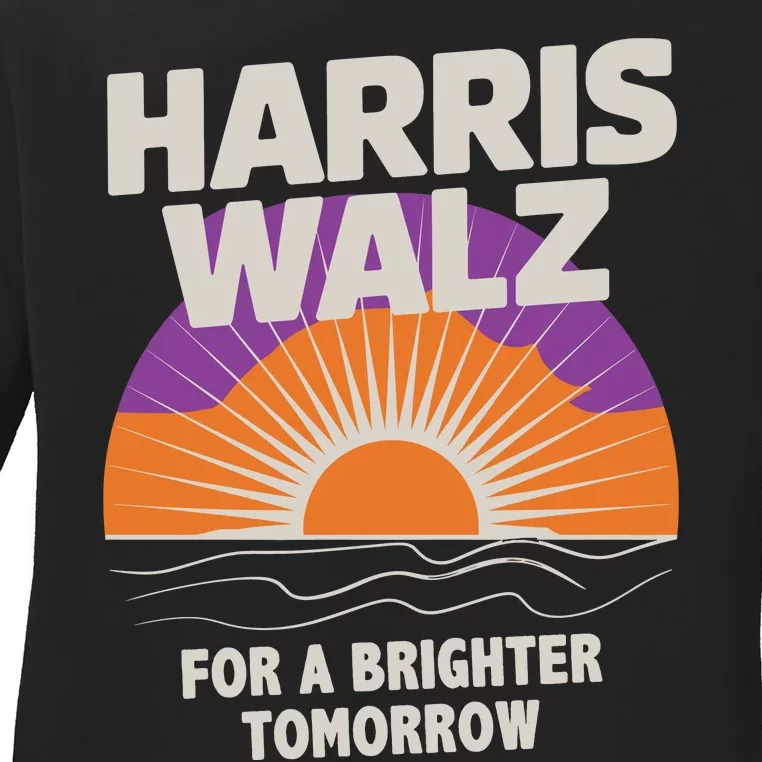 Harris Walz 2024 Boho Retro Sunrise Brighter Tomorrow Quote Ladies Long Sleeve Shirt