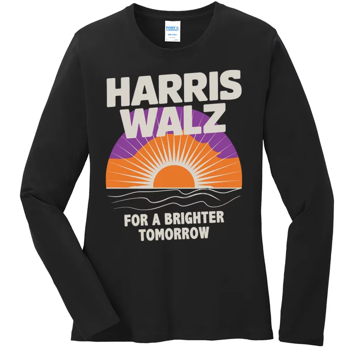 Harris Walz 2024 Boho Retro Sunrise Brighter Tomorrow Quote Ladies Long Sleeve Shirt