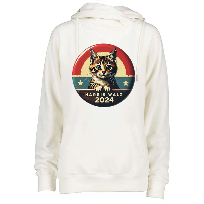 Harris Walz 2024 Funny Cat Election Kamala Harris Tim Waltz Womens Funnel Neck Pullover Hood