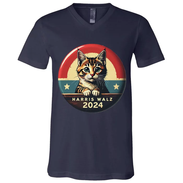 Harris Walz 2024 Funny Cat Election Kamala Harris Tim Waltz V-Neck T-Shirt