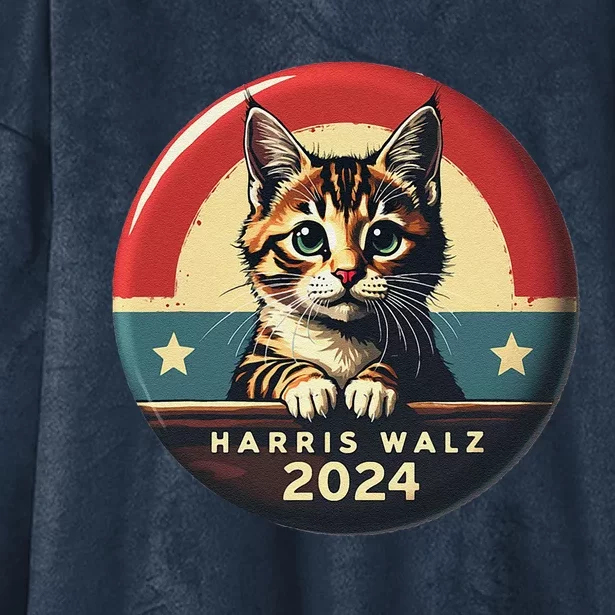 Harris Walz 2024 Funny Cat Election Kamala Harris Tim Waltz Hooded Wearable Blanket