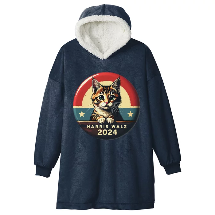 Harris Walz 2024 Funny Cat Election Kamala Harris Tim Waltz Hooded Wearable Blanket