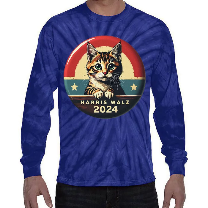 Harris Walz 2024 Funny Cat Election Kamala Harris Tim Waltz Tie-Dye Long Sleeve Shirt