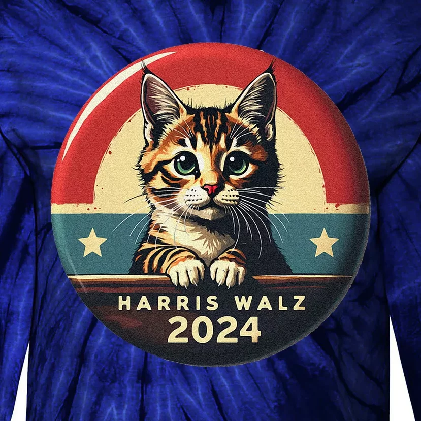 Harris Walz 2024 Funny Cat Election Kamala Harris Tim Waltz Tie-Dye Long Sleeve Shirt