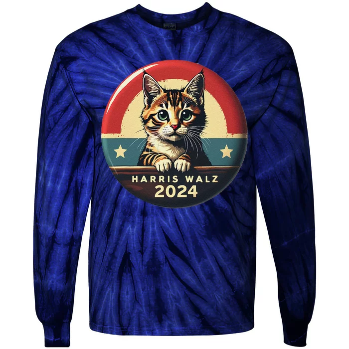 Harris Walz 2024 Funny Cat Election Kamala Harris Tim Waltz Tie-Dye Long Sleeve Shirt