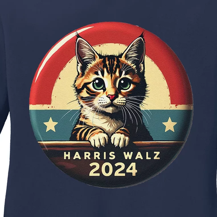 Harris Walz 2024 Funny Cat Election Kamala Harris Tim Waltz Ladies Long Sleeve Shirt