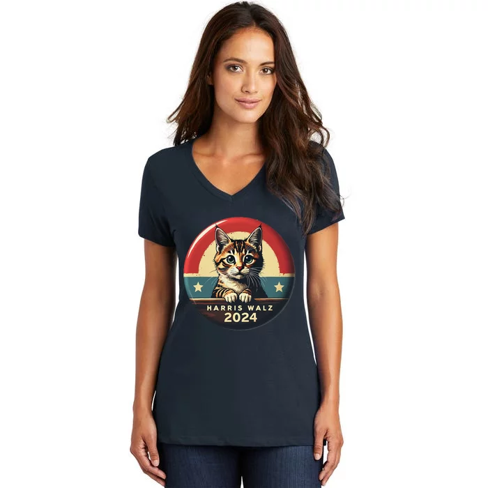 Harris Walz 2024 Funny Cat Election Kamala Harris Tim Waltz Women's V-Neck T-Shirt