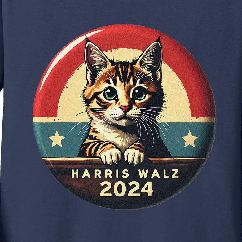 Harris Walz 2024 Funny Cat Election Kamala Harris Tim Waltz Kids Long Sleeve Shirt