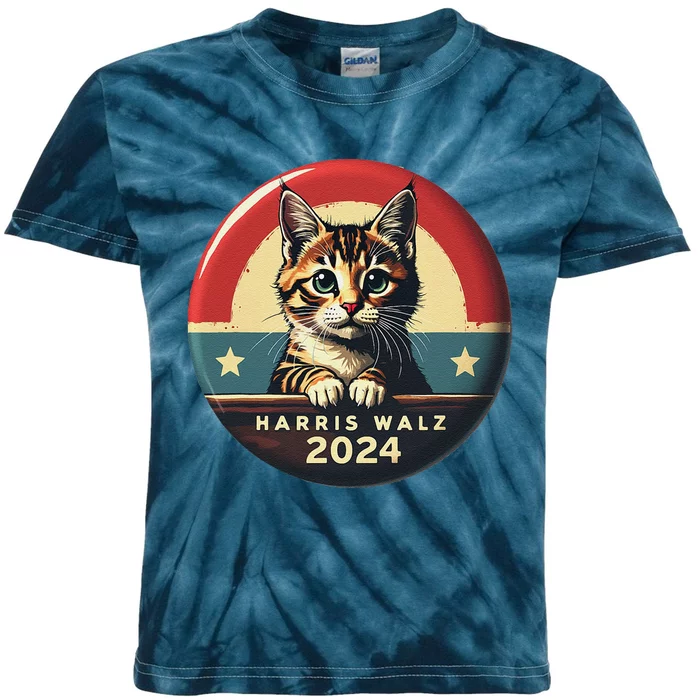 Harris Walz 2024 Funny Cat Election Kamala Harris Tim Waltz Kids Tie-Dye T-Shirt