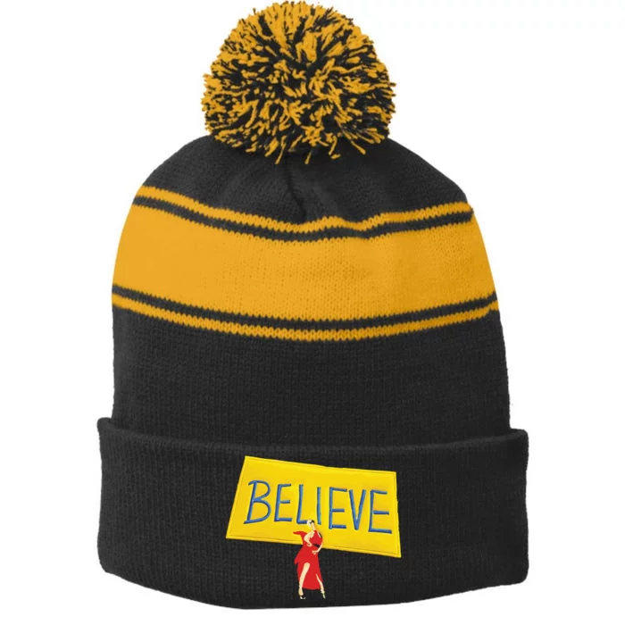 Hannah Waddingham Believe Stripe Pom Pom Beanie