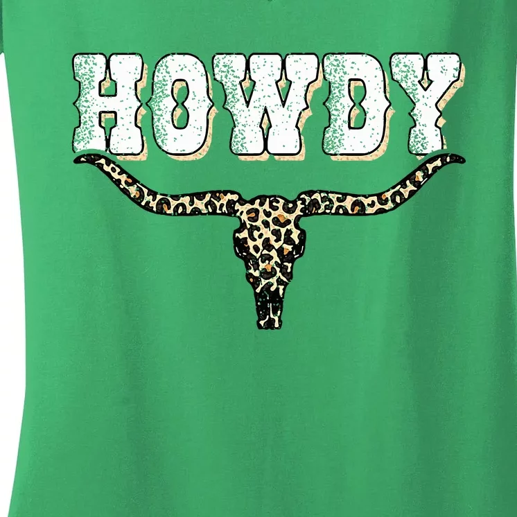 Howdy Western Country Southern Cow Skull Rodeo Bull Cowgirl Women's V-Neck T-Shirt