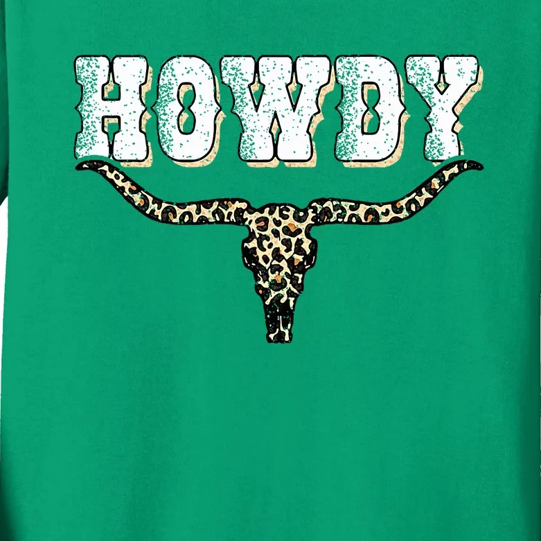 Howdy Western Country Southern Cow Skull Rodeo Bull Cowgirl Kids Long Sleeve Shirt