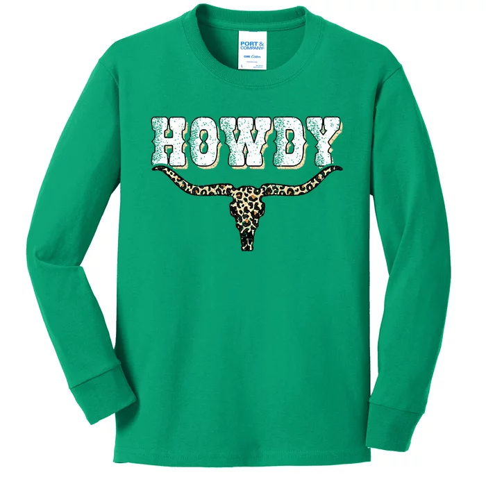 Howdy Western Country Southern Cow Skull Rodeo Bull Cowgirl Kids Long Sleeve Shirt