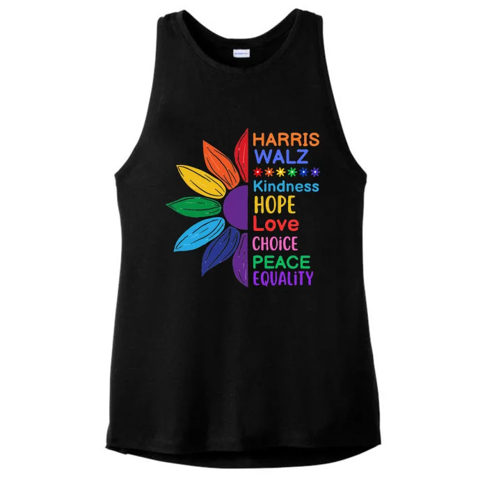 Harris Walz Diversity Rainbow Daisy Sunflower Vote Blue Ladies Tri-Blend Wicking Tank