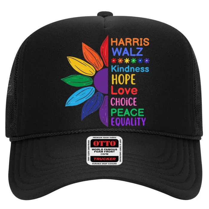 Harris Walz Diversity Rainbow Daisy Sunflower Vote Blue High Crown Mesh Trucker Hat