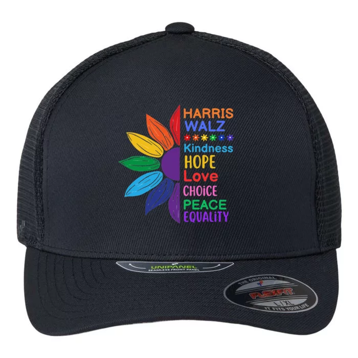 Harris Walz Diversity Rainbow Daisy Sunflower Vote Blue Flexfit Unipanel Trucker Cap