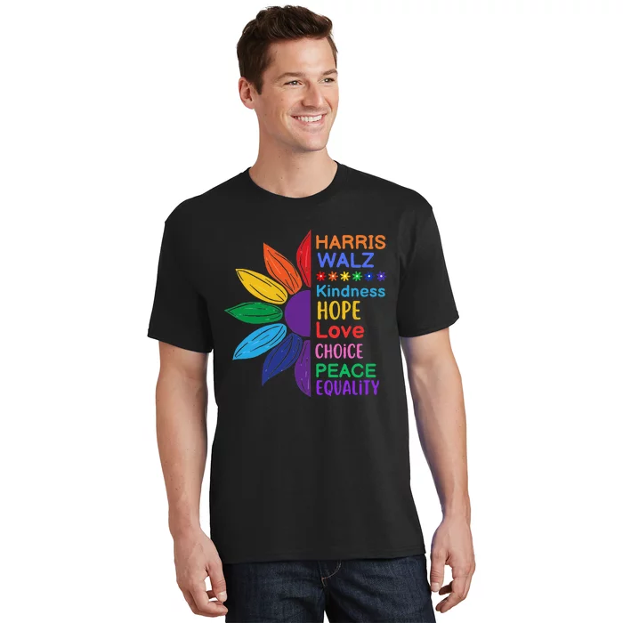 Harris Walz Diversity Rainbow Daisy Sunflower Vote Blue T-Shirt