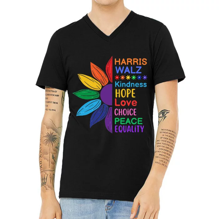 Harris Walz Diversity Rainbow Daisy Sunflower Vote Blue V-Neck T-Shirt