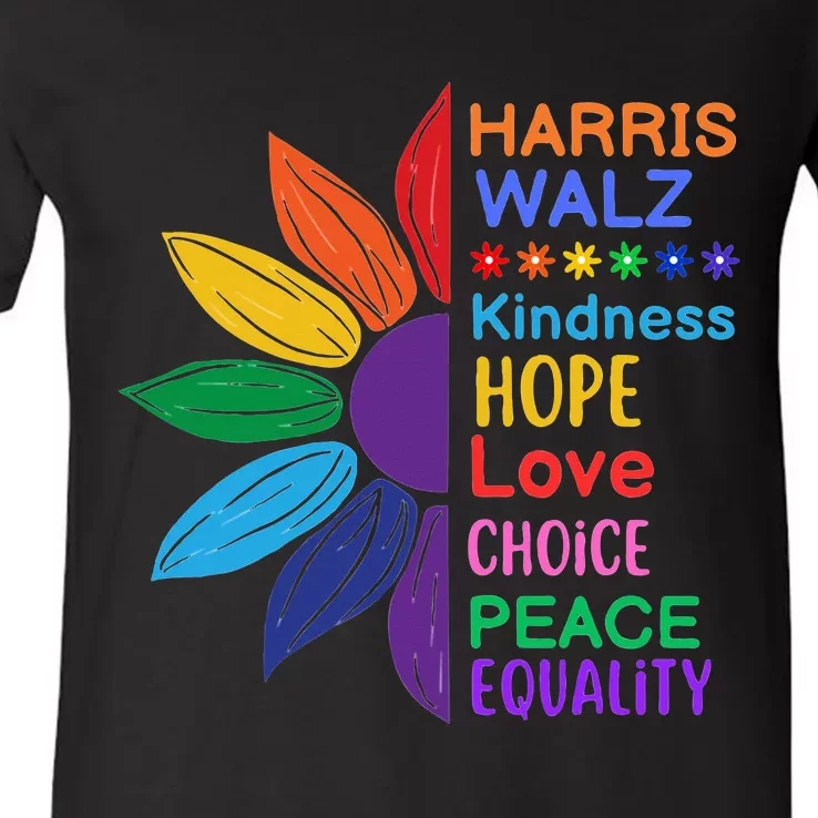 Harris Walz Diversity Rainbow Daisy Sunflower Vote Blue V-Neck T-Shirt