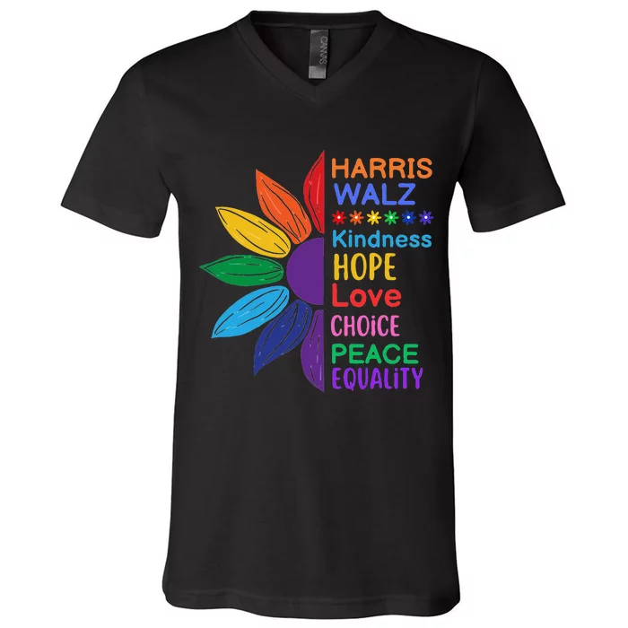 Harris Walz Diversity Rainbow Daisy Sunflower Vote Blue V-Neck T-Shirt