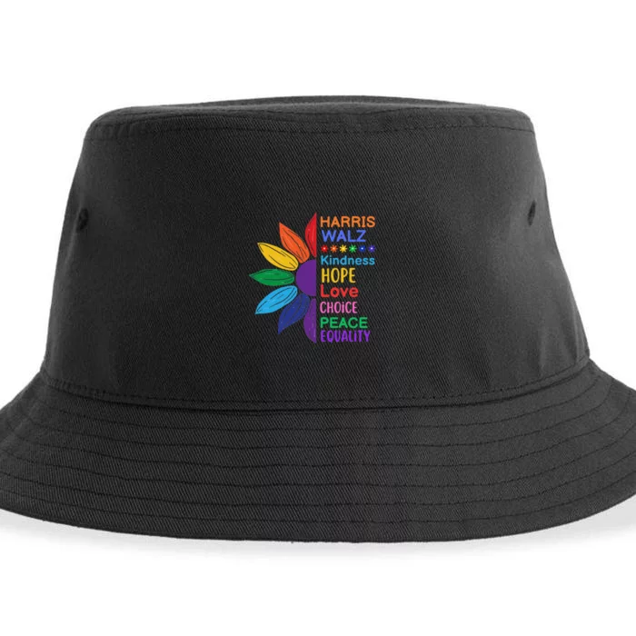 Harris Walz Diversity Rainbow Daisy Sunflower Vote Blue Sustainable Bucket Hat